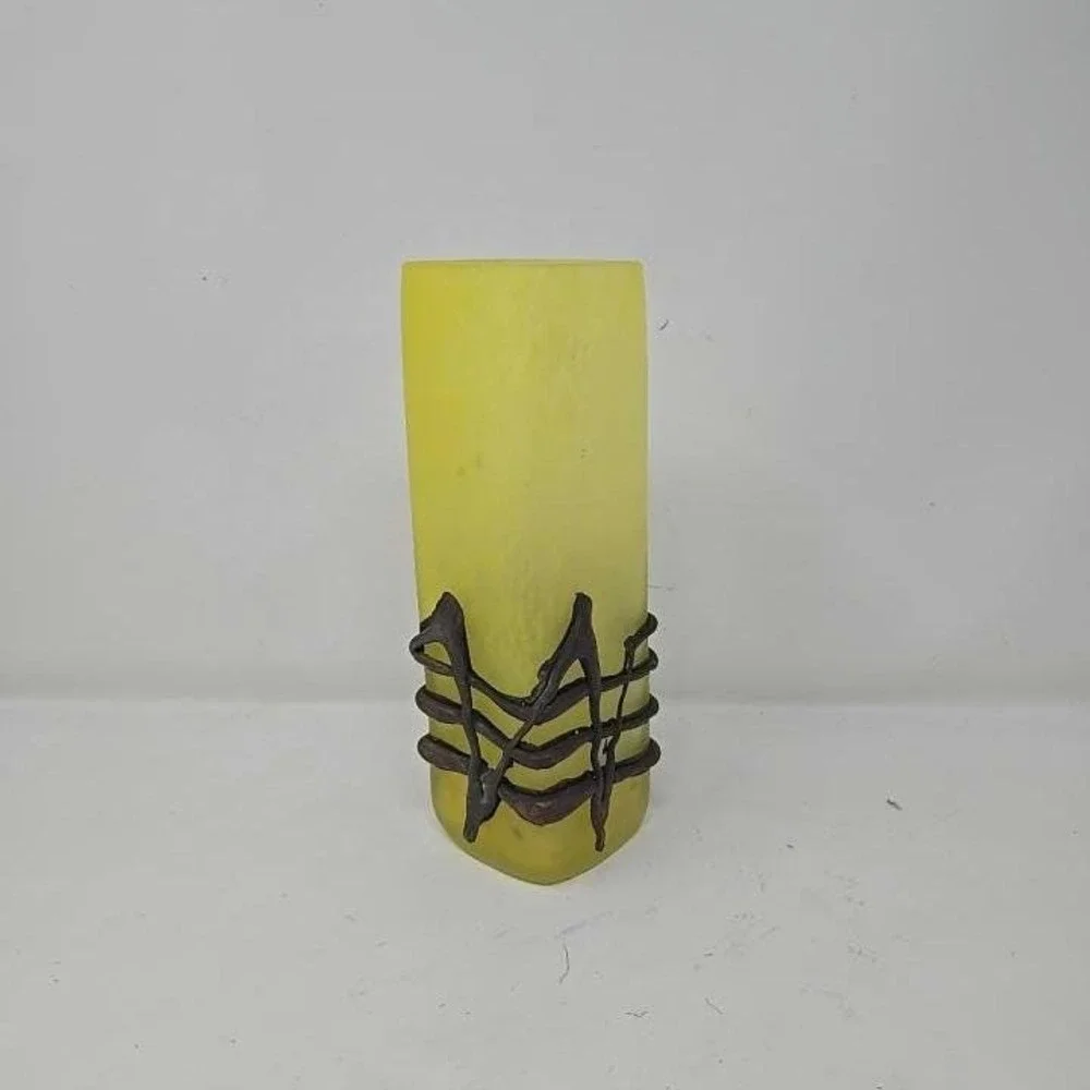 Vtg Germany romblast vase frosted yellow glass w/bronze metal art art nouveau